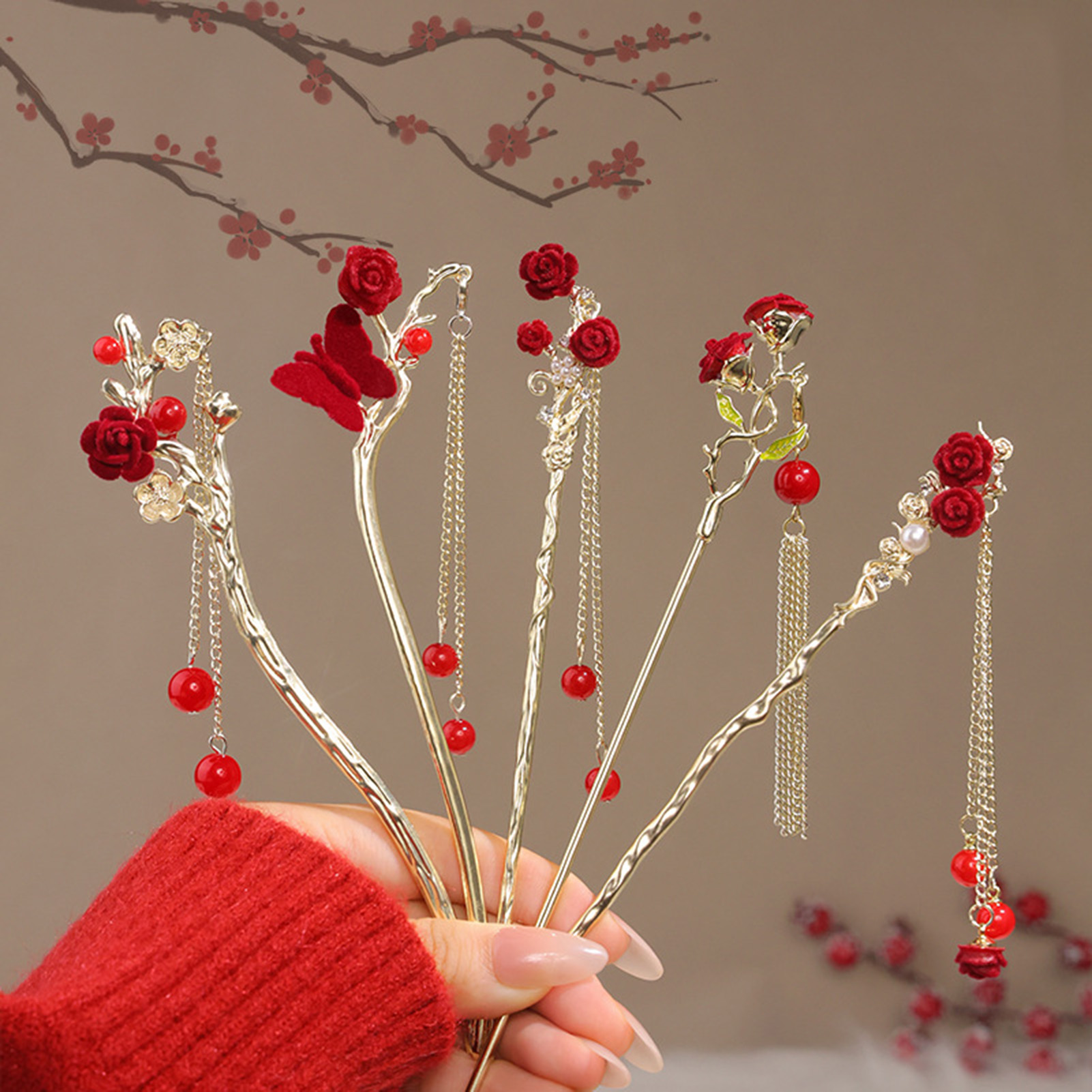 Chinese Style Rose Flower Hair - Hair Care Japanese 评论和价格